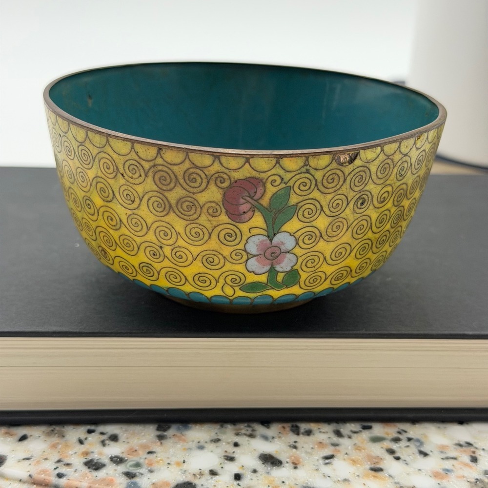 Antique Chinese Cloisonne Floral Bowl Yellow Turquoise 4.25"